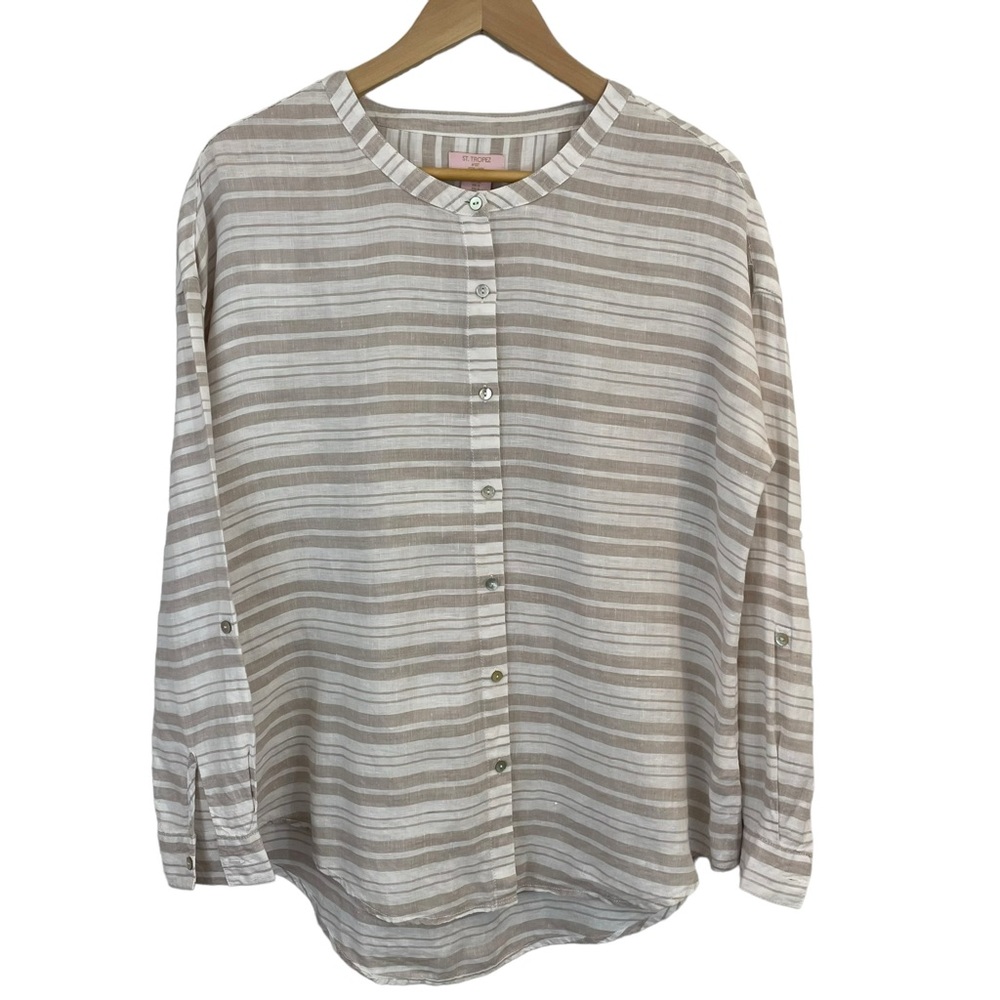 St Tropez 100% Linen Tunic Top Womens S Cream White Stripe Button Up Blouse EUC